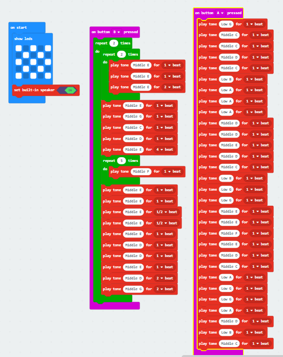 Code for 2 Christmas songs when either the A or B button is pressed