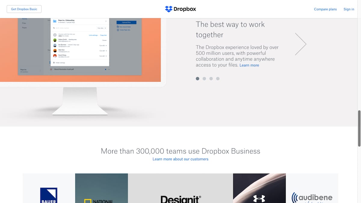 The Dropbox homepage as a clean example of UI design