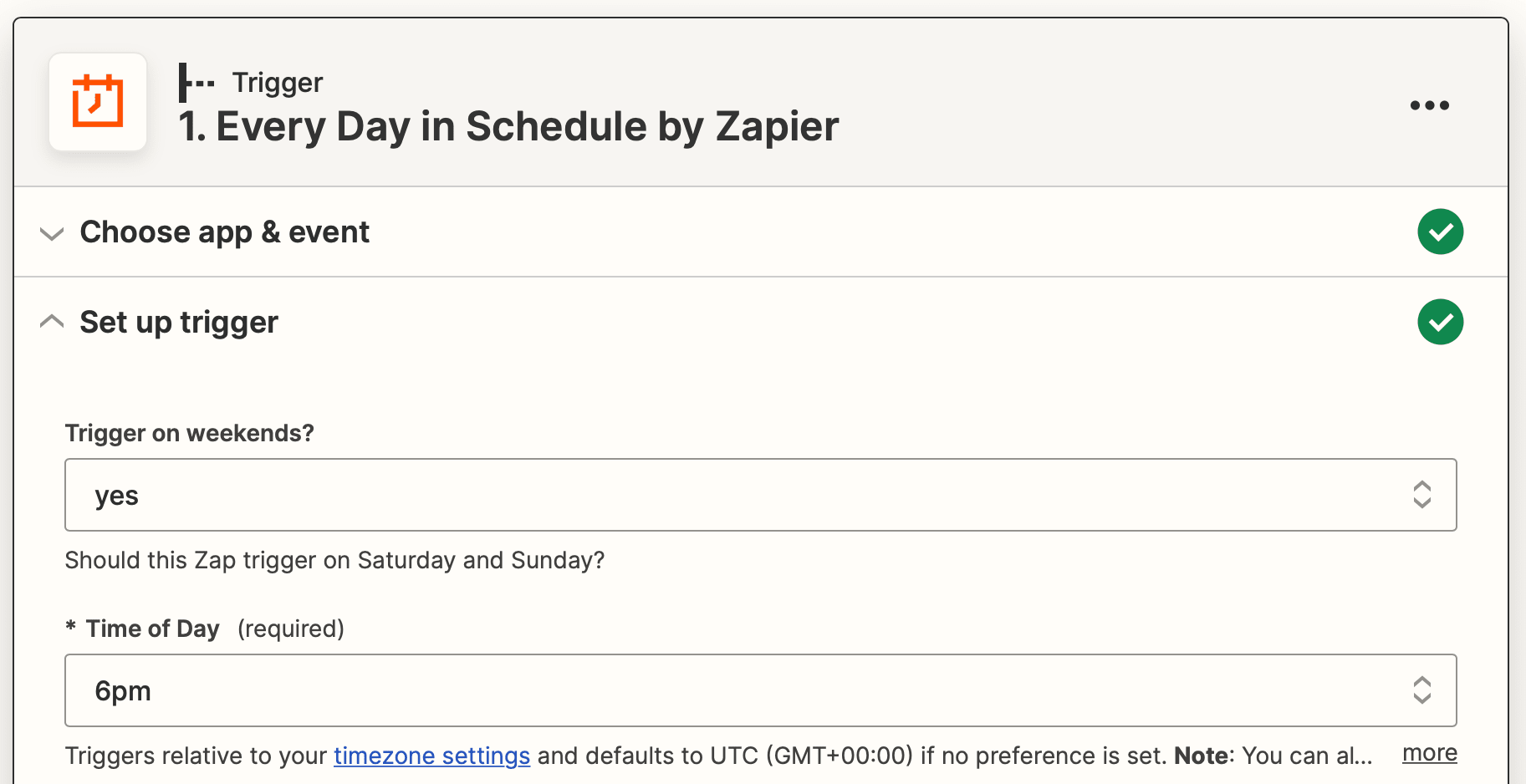Screenshot of Zapier every day in schedule trigger setup