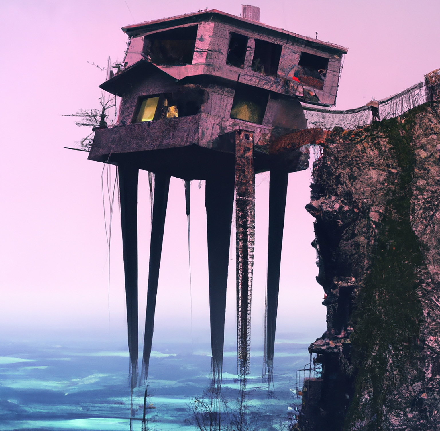 AI Art of a building with a poorly planned foundation. It is high on stilts above the ocean, with a bridge to the land.
