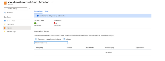 Function monitoring panel in Azure web GUI