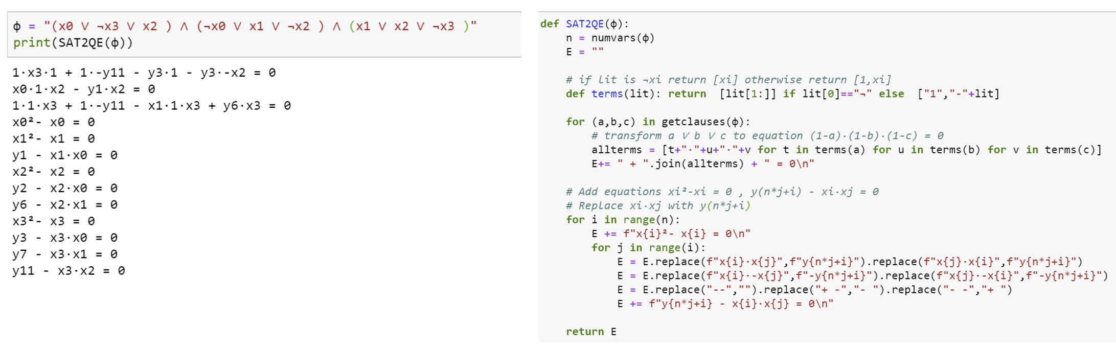 13.4: Reducing 3SAT to satisfiability of quadratic equations. On the righthand side is Python code implementing the reduction of and on the lefthand side is the output of this reduction on an example 3SAT instance.