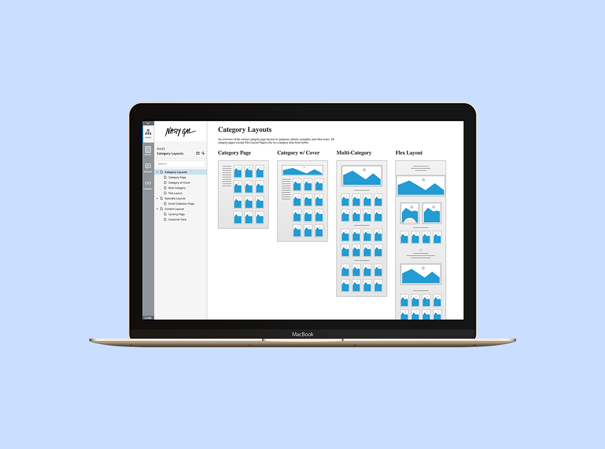 Nasty Gal layout inventory doc screenshot on a laptop.