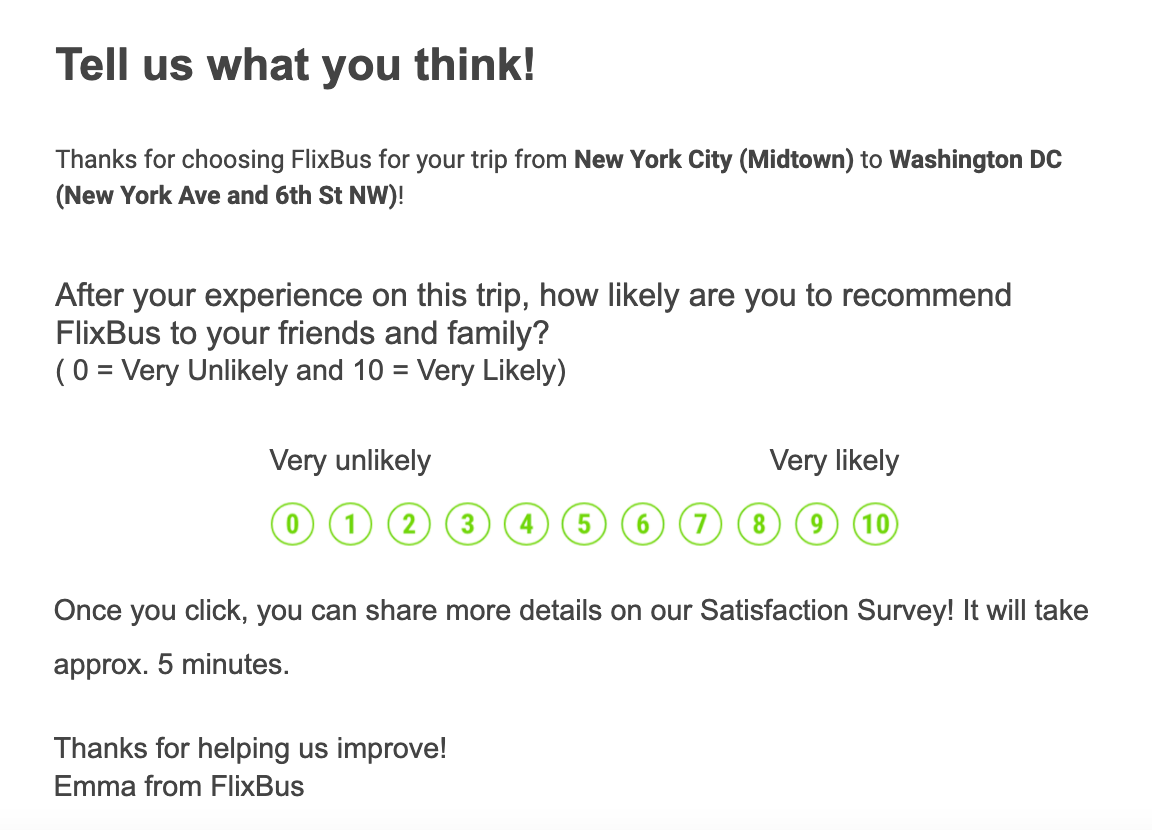 FlixBus NPS survey for a specific customer bus journey.