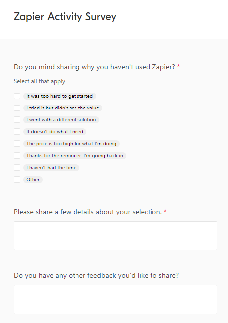Example of a customer survey from Zapier.
