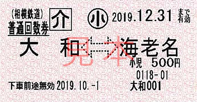 回数乗車券 介護者(小児) 券面