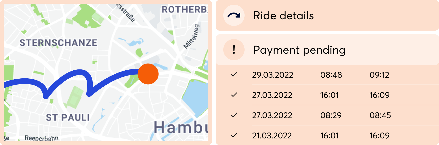 Ride detail overview and pending payments from different times and dates in orange, with a juxtaposed map overview image to the left of Sternschanze and St pauli.