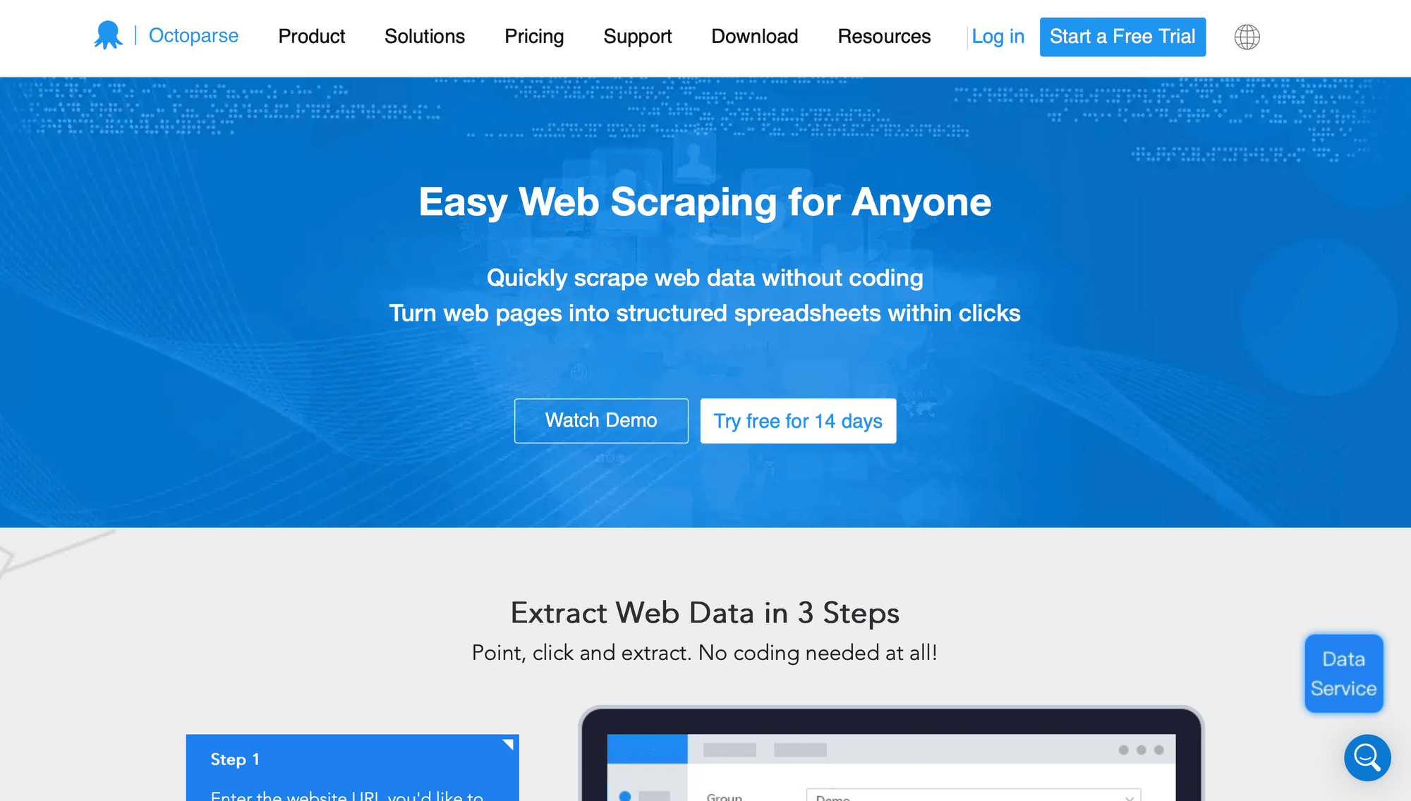 Screenshot of Octoparse home page