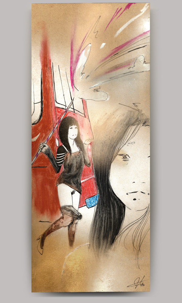 An acrylic painting on wood panel, titled 'Here, Then', of two women next to a red bus. One is dancing with a lit roman candle and the other is closer, staring at the viewer.