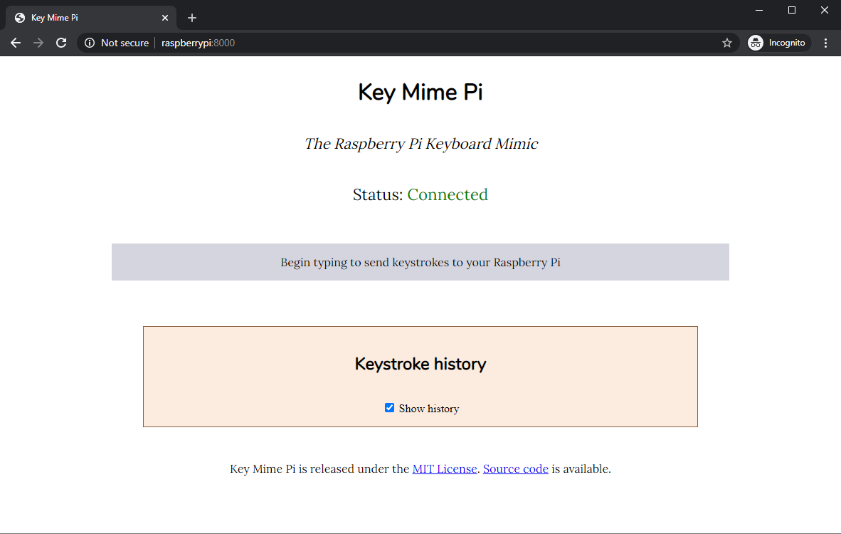 Screenshot of Key Mime Pi web interface