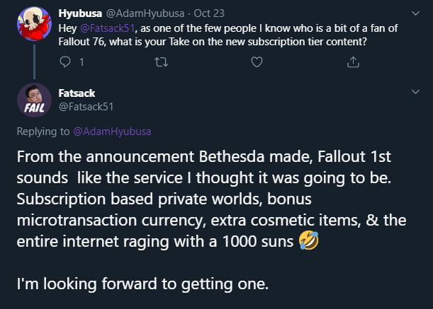 tweet in where Fatsack answers a question about Fallout 76's Fallout 1st service