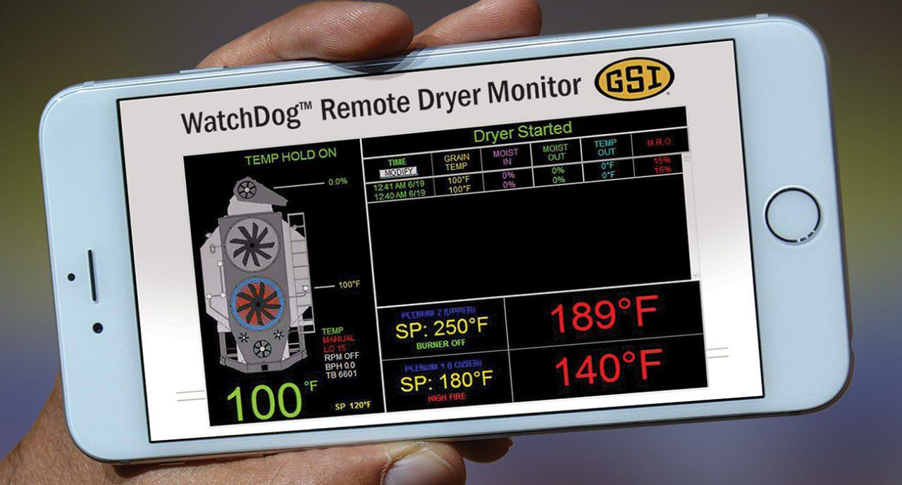 An iPhone with the grain dryer's web monitoring interface open in the browser.