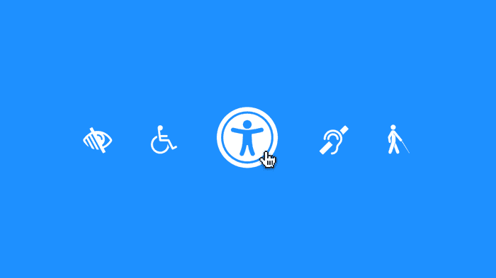 Icons representing visual, motor, and auditory disabilities with a pixalated cursor hovering over the web accessibility icon.