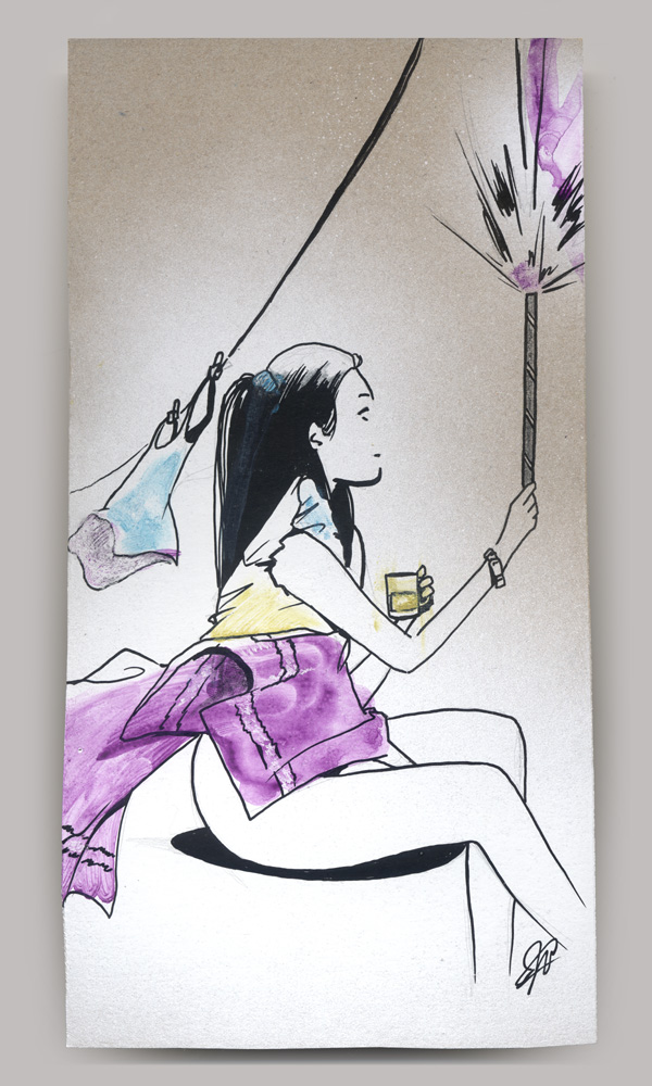 An acrylic painting on wood panel, titled 'Wonderful Town', of a woman wrapped in free flowing laundry as she enjoys some tea and holds a lit roman candle. A white tanktop is pinned to a clothes line above her.