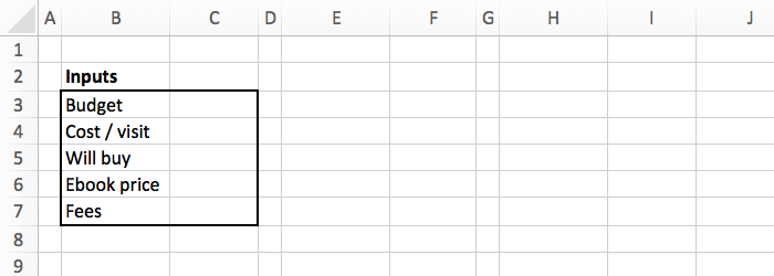 an excel table with inputs of a marketing campaign to be filled
