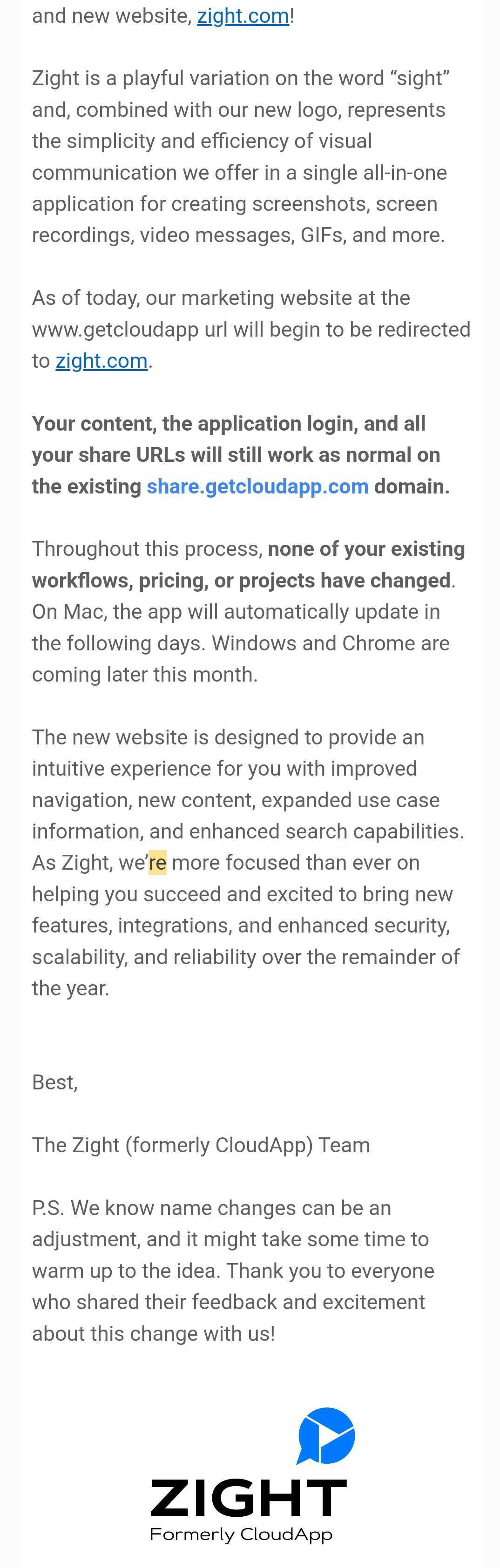SaaS Rebranding Announcement Emails: Screenshot of Zight's email announcing its rebranding