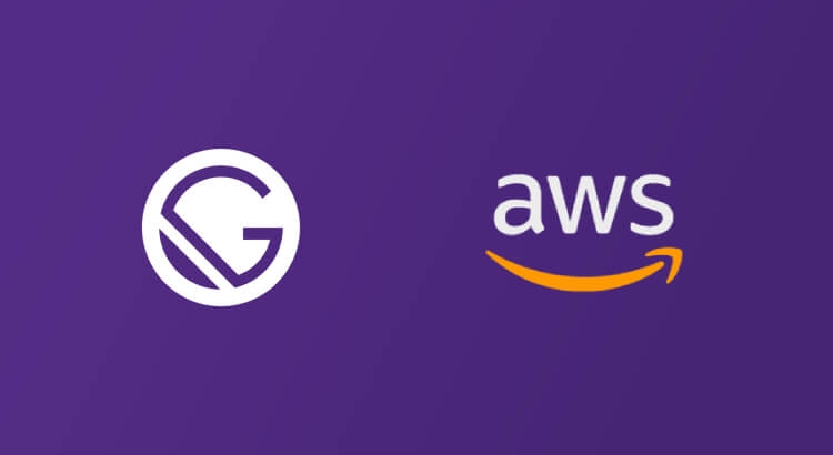 Gatsby & AWS logos Gatsby JS and AWS icon on purple background