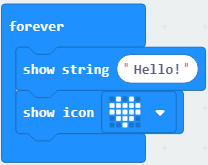 Completed code to show Text and images together on a micro:bit using MakeCode