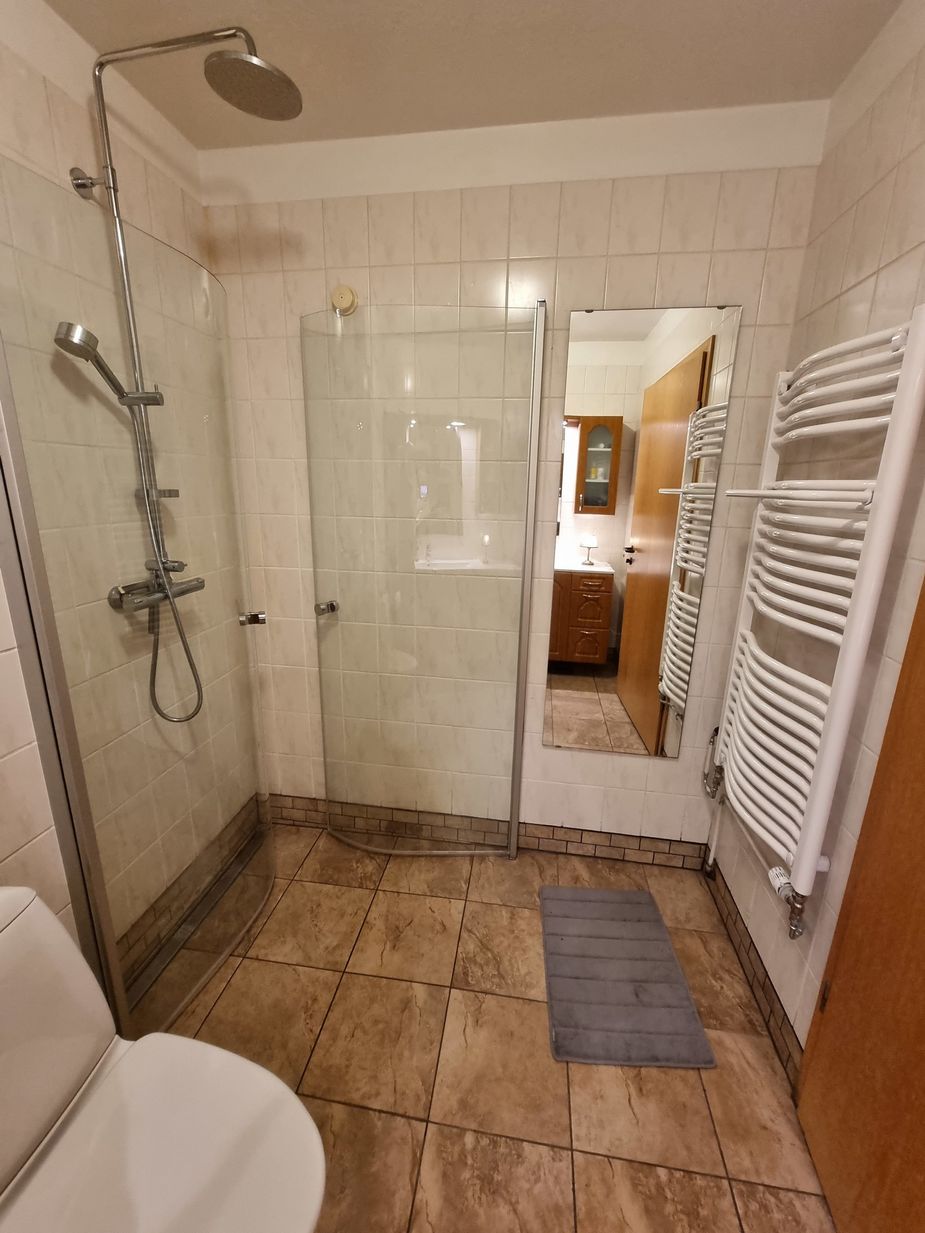 Das Badezimmer mit begehbarer Dusche und Handtuchheizkörper