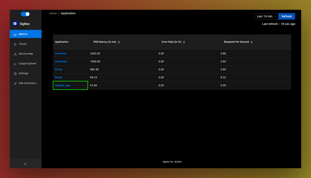 Sample nodejs app in the applications monitored