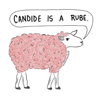 A sheep with red wool angrily says &ldquo;Candid is a Rube&rdquo;