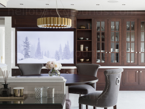 Sophisticated dining room with round wooden table, ornate grey upholstered chairs and classic wooden cabinets Skype background