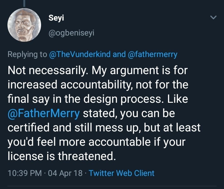 Tweet from @OgbeniSeyi on Design in Nigeria, a Case for Ethics.