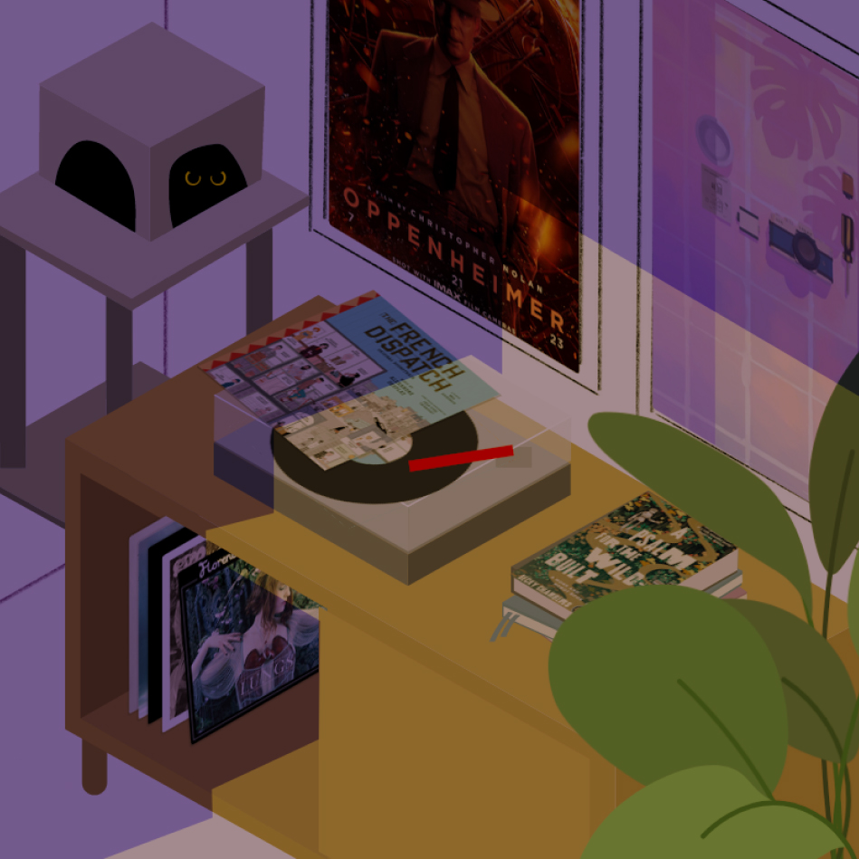 Drawing  of a room with a media stand, record player, and books. Inside the stand cabinet are a few records. On the walls, there are two large posters, one of the movie Oppenheimer and another of a game screenshot. There is a cat tree in one corner and a plant in the other. The art style is very simplistic and blocky.