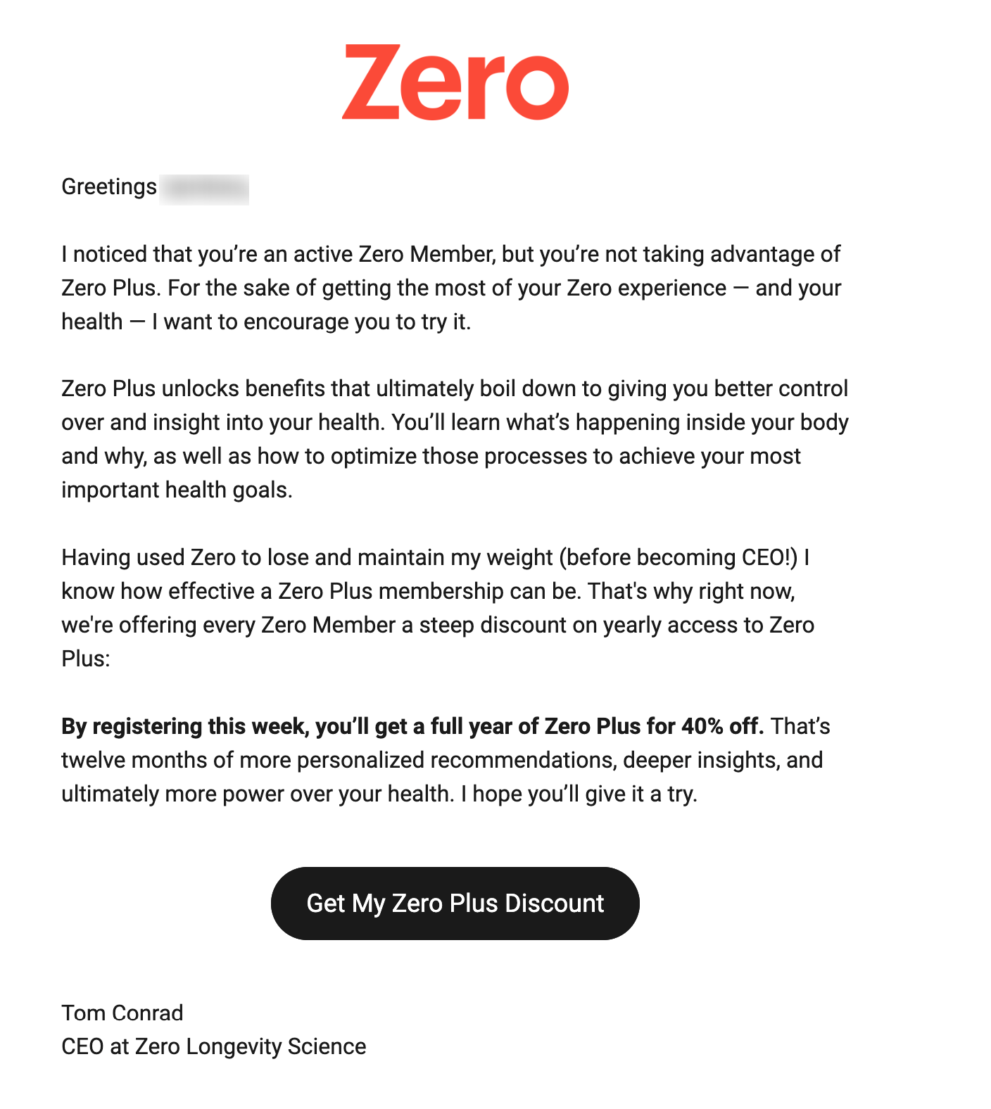Email Engagement Content Ideas: Screenshot of Zero's email urging users to avail of a limited discount