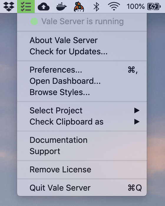 A screenshot of Vale Server's context menu.