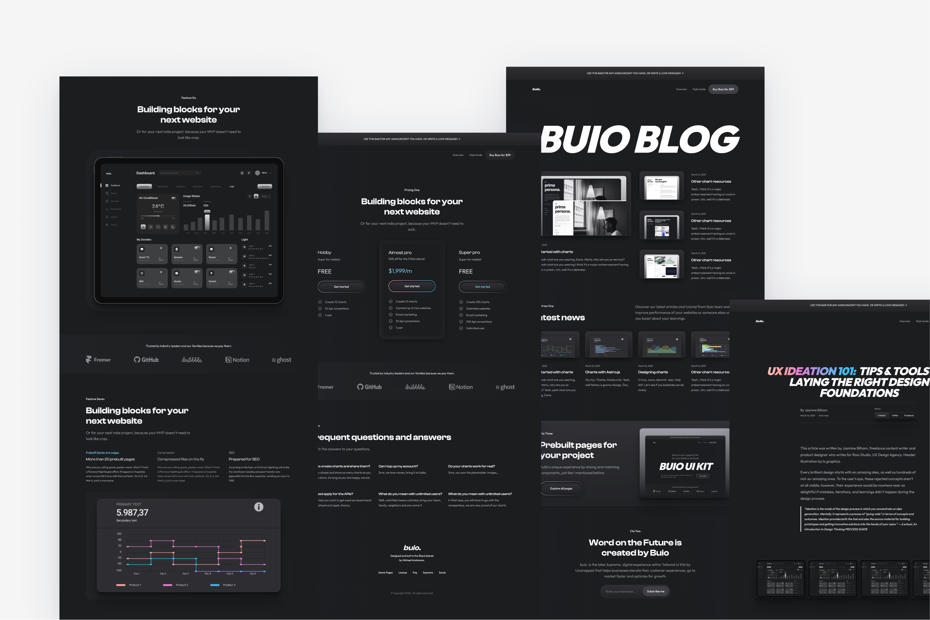 Buio is a beautifully design UI Kit that allows you to put together pages from different categories.
