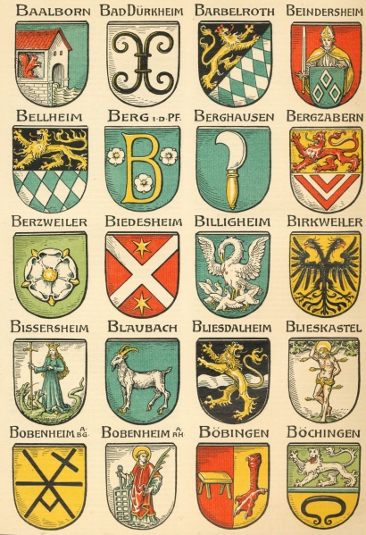Colourful arms of different German towns, arranged in a 4x5 grid.