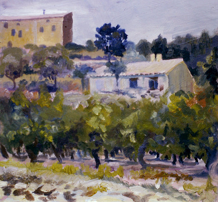 painting of buildings and landscape in France