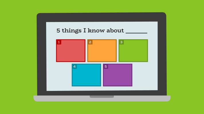 Illustration of a computer screen showing a colorful page. The top of the page is labeled “5 things I know about ____”. The bottom has 5 numbered boxes.