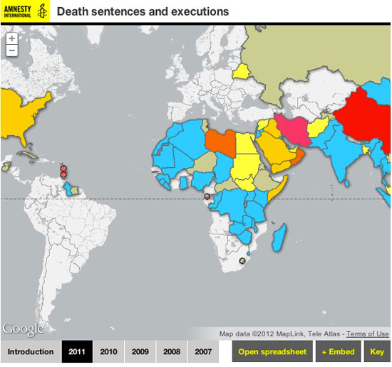 Screenshot of the map showing death penalties and executions for Amnesty International website