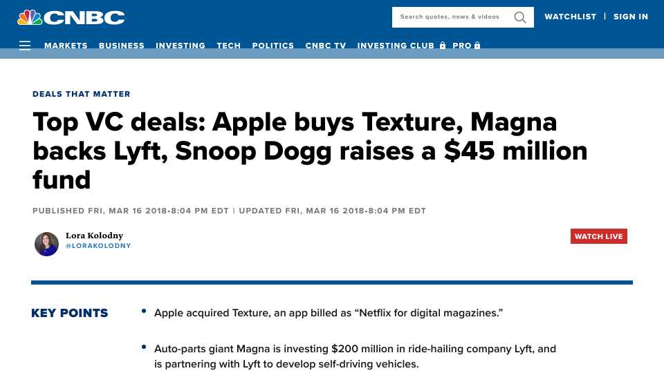 Top VC deals: Apple buys Texture, Magna backs Lyft, Snoop Dogg raises a $45 million fund