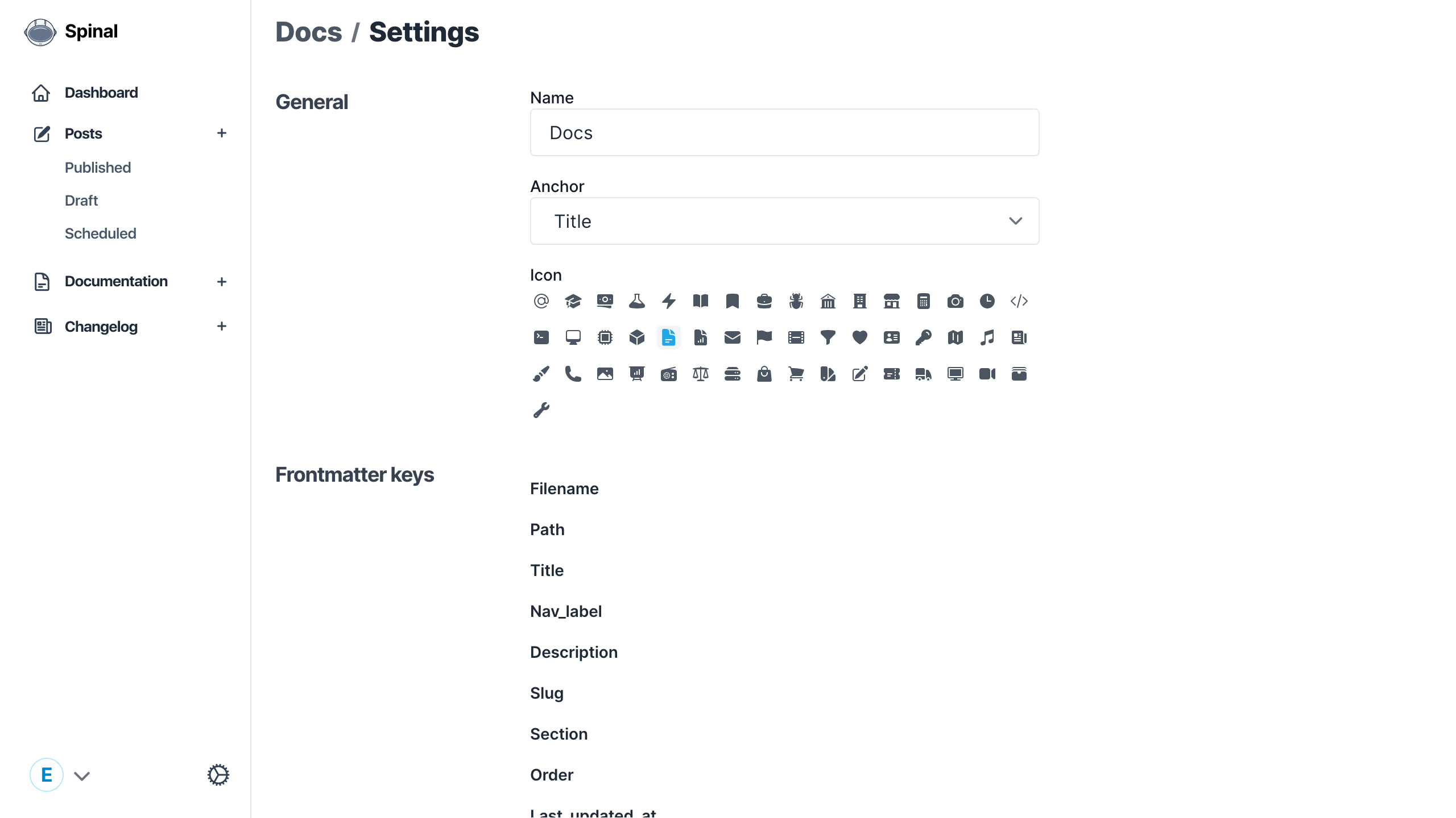 screen showing the settings for content type: docs. With fields to change name, anchor and the icon.