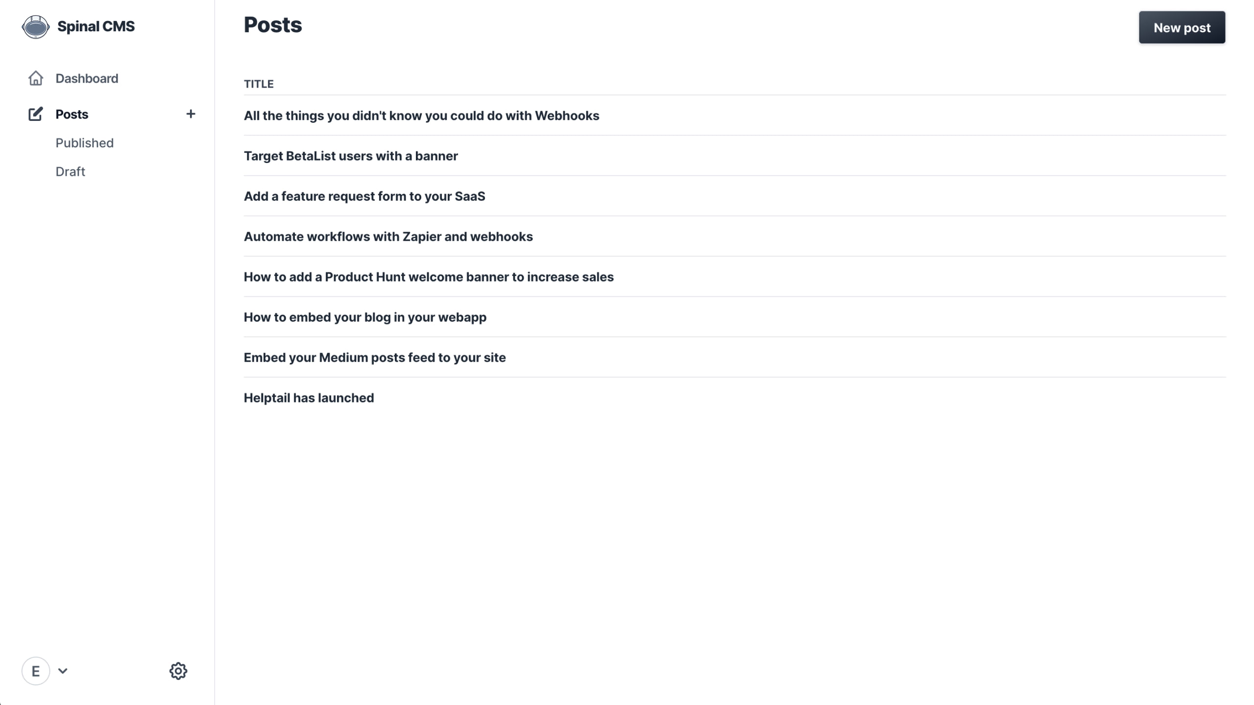preview of Spinal CMS posts index screen with navigation on the left and the posts lists on the right