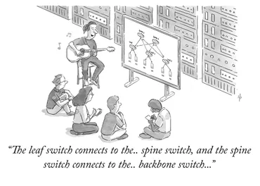 A cartoon-style illustration. A a man is singing to a group of children while playing the guitar. A whiteboard has technical diagrams on it. The caption reads: The leaf switch connects to the, spine switch, and the spine switch connects to the, backbone switch.