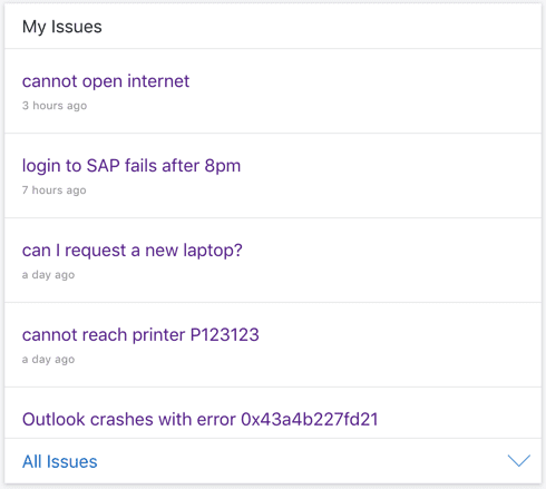 Digital Assistant Card showing a list of open issues from a Helpdesk application
