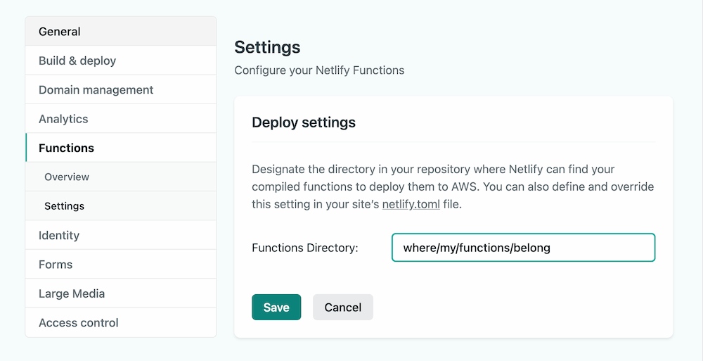 A screenshot of the Netlify site admin. Showing the Functions Directory option in the Deploy Settings
