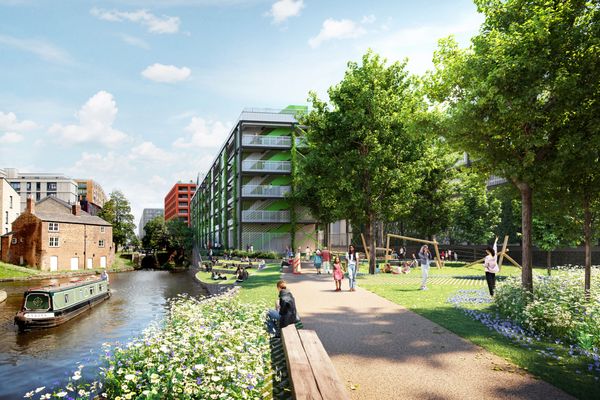 Hawkins Brown - Electric Park - Exterior CGI - showing canal and users walking by,