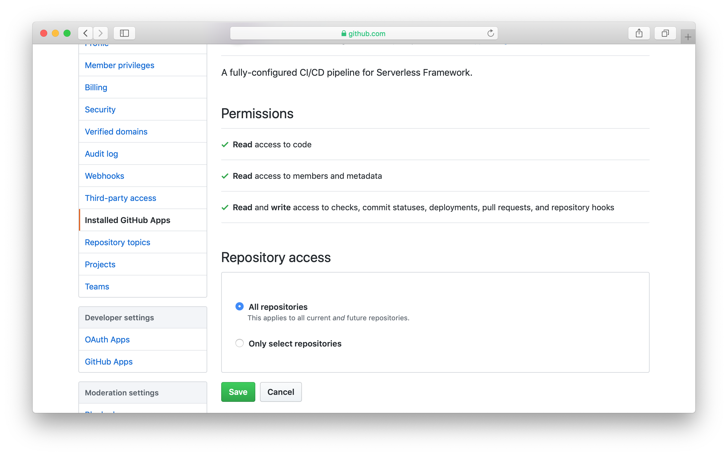 Repository access for Seed app in GitHub