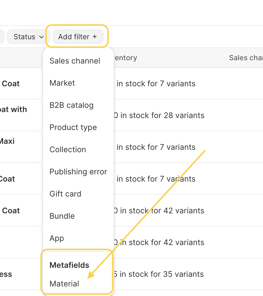 Selecting metafield definition for filtering out products in Shopify admin
