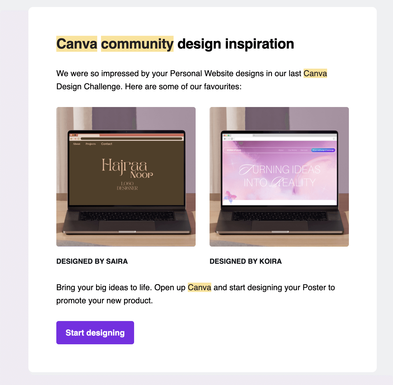 Case Study Email Examples: Screenshot of Canva's email showcasing creatives created by their customers