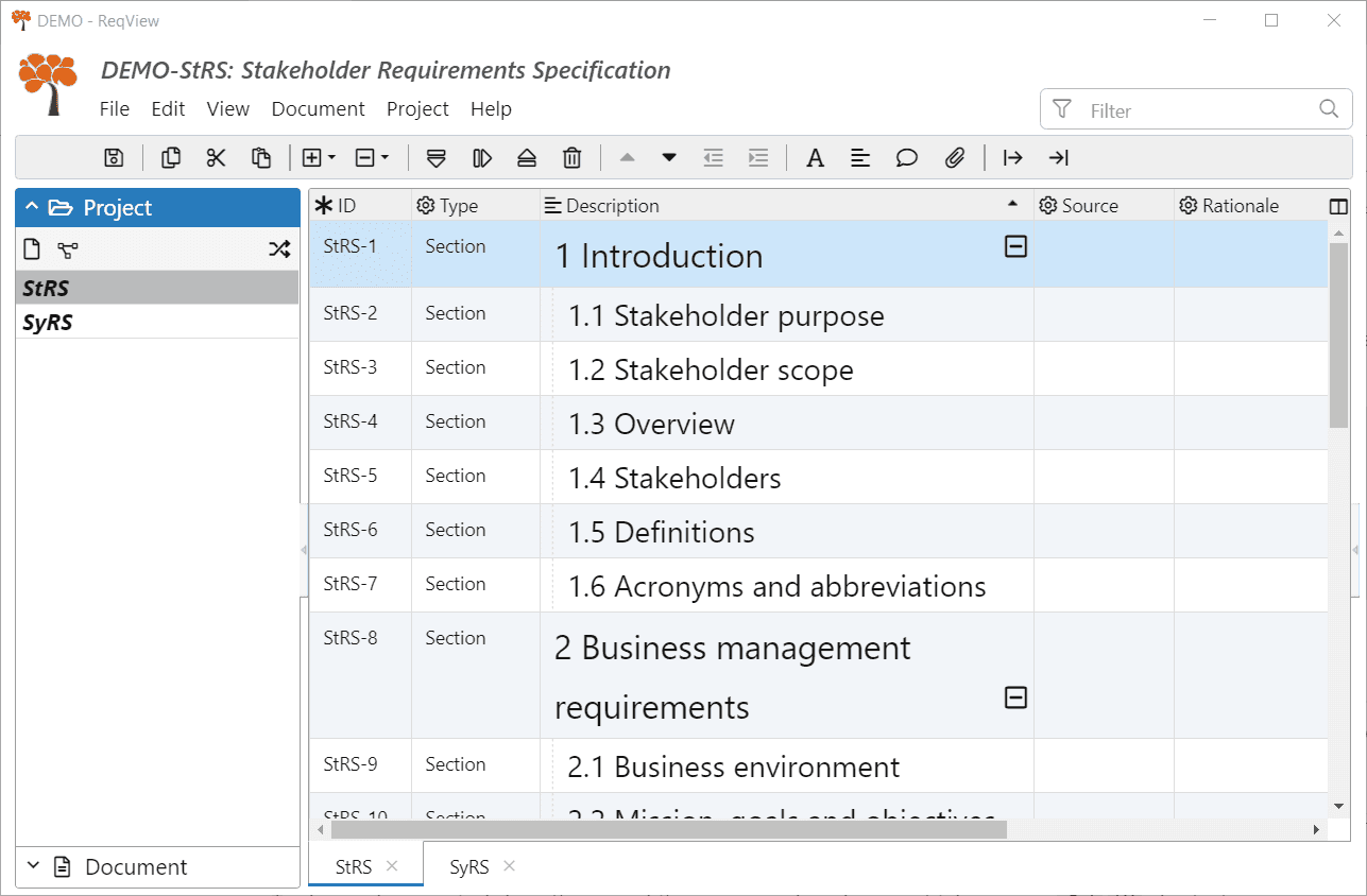 Project pane in ReqView