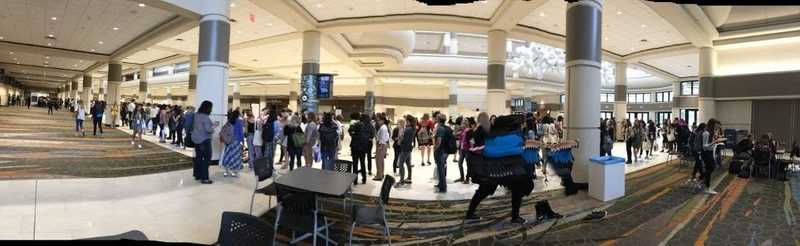 Long line of people waiting to get into our talk at GHC 17, Orlando