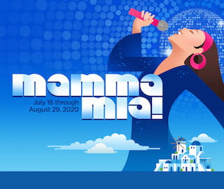 The logo for Mamma Mia! at Metropolis depicting a woman singing into a microphone against a blue disco background