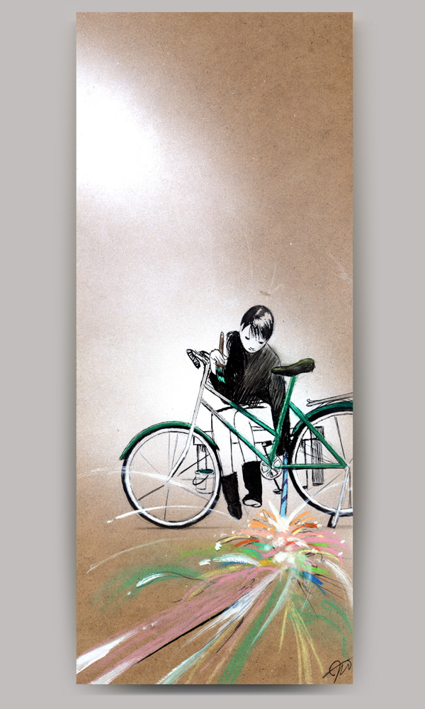 An acrylic painting on wood panel, titled 'Maborosi', of a woman sitting on a bench and holding a roman candle to the ground that is firing off under a green bicycle.