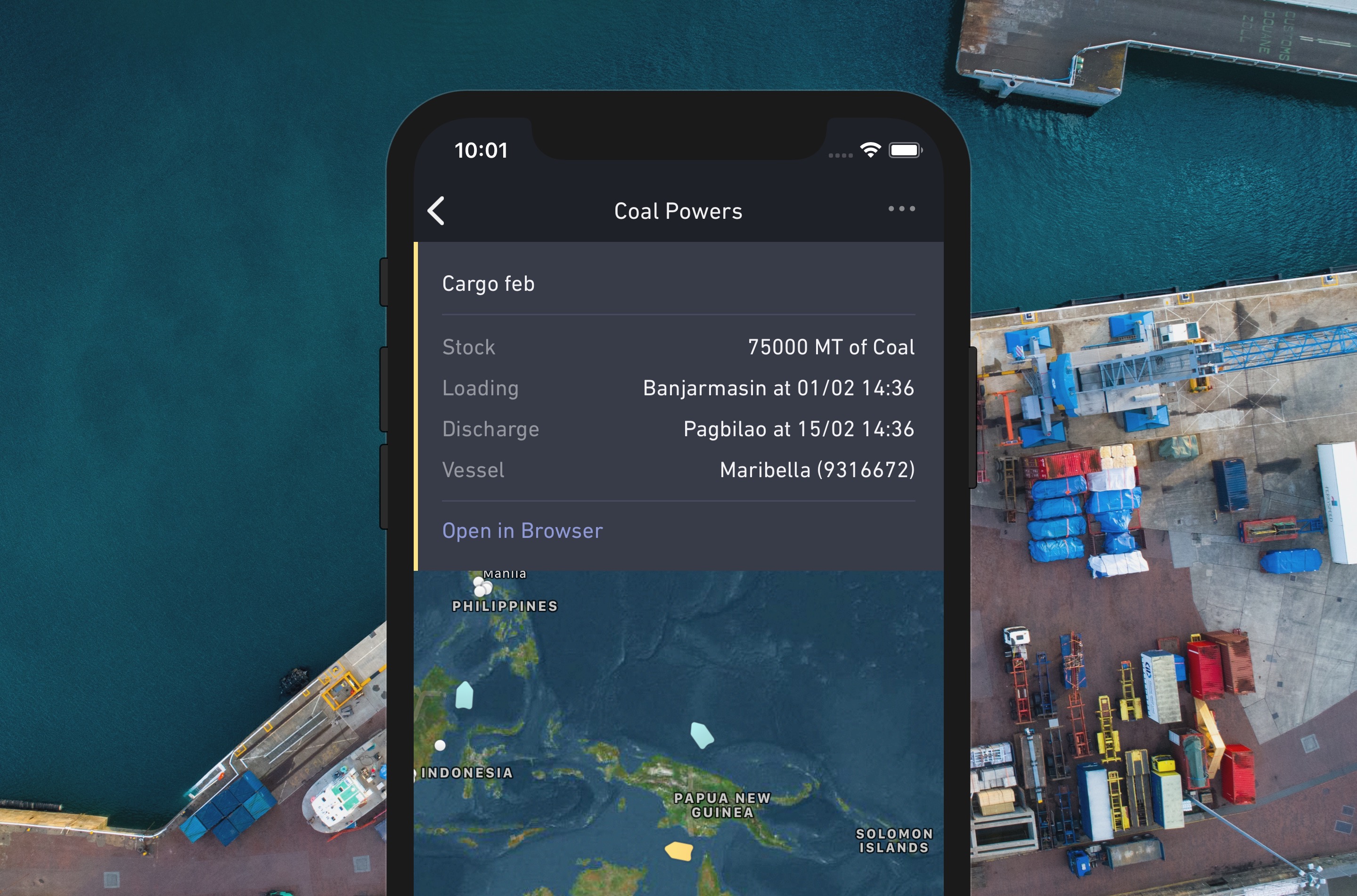 Cargo mobile app showing details and a map for a shipment